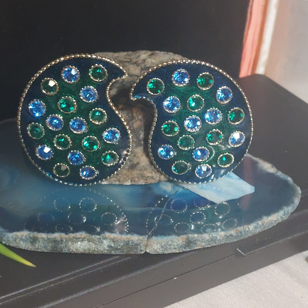 Paisley green and blue rhinestone statement earrings